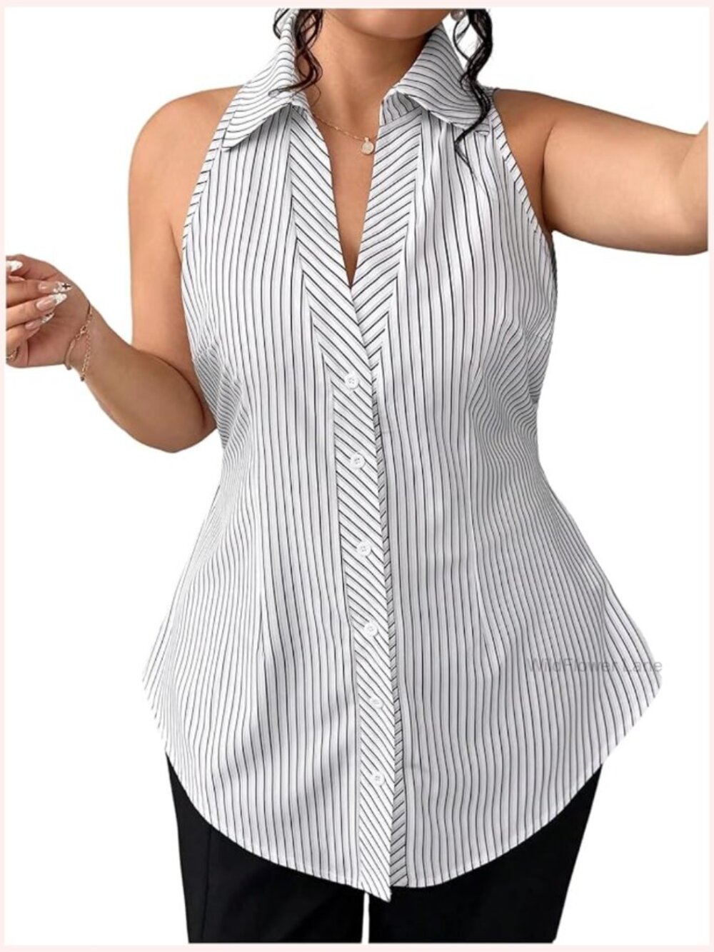 Plus Size Striped Sleeveless Button Down Blouse Tie Waist Summer
